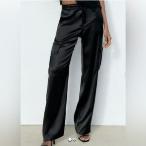 Zara Black Satin Effect Cargo Pants